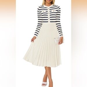 Long Sleeve Striped Crewneck Button Ribbed Knit Pleated A Line Sweater Dress